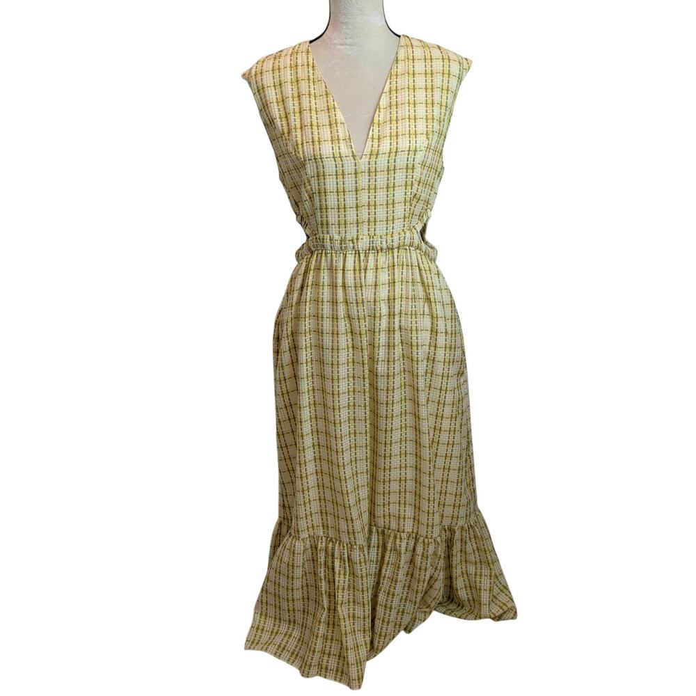 Marie Oliver Sz 6 Simone Green Yellow Plaid Silk Blend Midi Dress Side Cutout